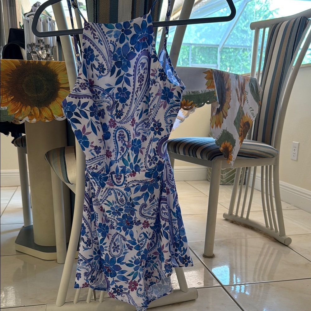Show Me Your MuMu Blue and White spaghetti strap romper